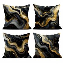 4 stuks zwart & goud vloeibare folie marmer textuur illustratie 4 stuks set, enkelzijdig bedrukt kussensloop & bankhoes - perzik fluwelen kussensloop 45*45cm