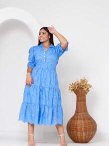 Women's Fashion Midi Dress In 3D Laise Fabric With Elastex On The Back And Button On The Front And Lining - 藍色 - 查看 3