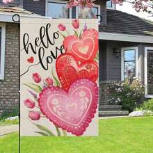 1 pieza Bandera de jardín con estampado de corazón rosa, bandera decorativa romántica para boda, patio, jardín exterior