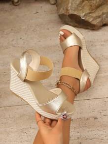 女士厚底坡跟凉鞋，厚底草编坡跟凉鞋，时尚高跟一脚蹬凉鞋 - 金色 - 查看 6