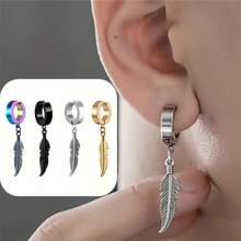 4pcs/Set Punk Hip-Hop Earrings, Men Creative Feather Ear Clips, Stainless Steel Fashion Style Ear Jewelry