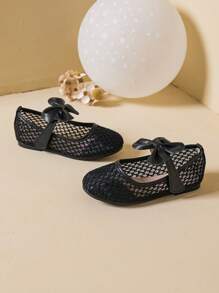 1 Pair Girls' Mesh Bowknot Flat Shoes, Spring/Summer - Black - View 4
