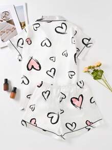 2pcs Women Heart Print Pajama Set, Heart Pattern Soft Satin Short Sleeve Top And Shorts Loungewear Suit For Home/Casual/Outdoor Fashionable Wear, Two Pieces Set - White - View 2