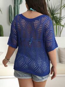 Plus Size Women Beach Cover-Up Sweater, Hollow Out Short Sleeve, Beach, Vacation, Fashionable Solid Color