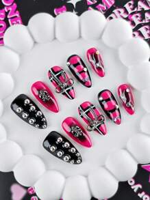 10 件手工制作的杏仁形中长粉色按压式指甲，可爱甜美风格，适合时尚造型，是送给女性和女孩的理想礼物，附赠 1 件果冻指甲锉指甲用品 - 粉色 - 查看 13