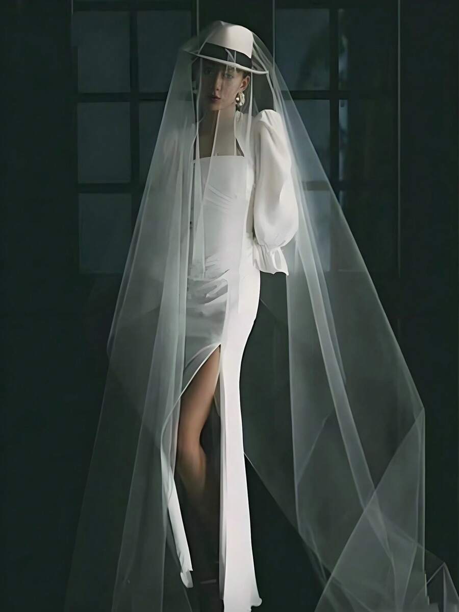 1 Pieza [Apariencia Etérea] Elegante Velo Nupcial Blanco de 3 Metros - Poliéster Suave, Capa Única, Diseño de Cola Larga Romántica, Adecuado para Bodas y Fotografía, Ropa Elegante y Elegante sin Peine para el Cabello para Mujeres - A - Ver 1