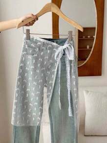 1pc Women Slip Underskirt, Detachable Waist Tie Net Mesh Skirt Swimwear Cover Up With Ditsy Floral Embroidery Lace Trim