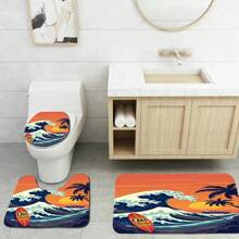 1 conjunto, patrón de ola, paisaje de puesta de sol, coche, tabla de surf, juego de 3 piezas de alfombra de baño de elementos diarios, alfombra de baño absorbente y lavable, alfombra de baño antideslizante, tapa de inodoro, alfombra de baño gruesa y suave, ducha, cocina, lavandería, baño, sala de estar, dormitorio, alfombra de interior, accesorio de decoración del hogar