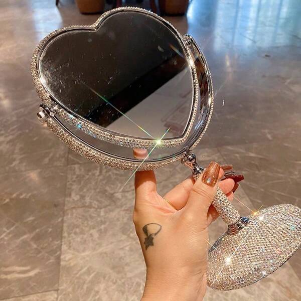 1pc Double-Sided High Definition Heart-Shaped Makeup Mirror, Luxury Rhinestone Decorated Desktop Standing Mirror, Home/Office Vanity Mirror, Influencer Gift, Rhinestone Heart Decor Desk Mirror For Student Dorm, Decorative Craft, Birthday/Holiday Gift