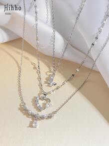 Hihho 3pcs Elegant Necklace Set With Hollow Heart, Flower, Butterfly Charms Embedded With Shiny Zirconia Stones, Luxury Jewelry Gift For Women, Suitable For Daily Wear & Festivals - Silver - View 1