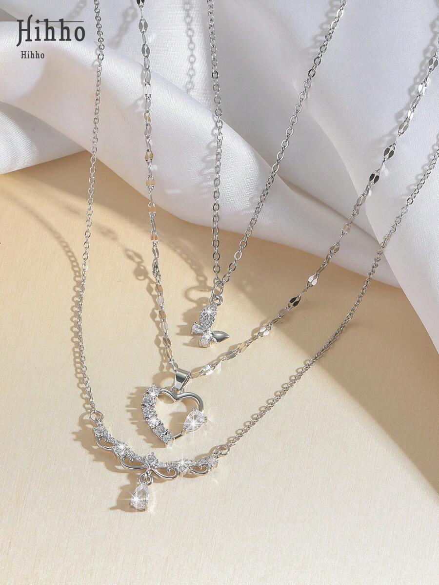 Hihho 3pcs Elegant Necklace Set With Hollow Heart, Flower, Butterfly Charms Embedded With Shiny Zirconia Stones, Luxury Jewelry Gift For Women, Suitable For Daily Wear & Festivals - Silver - View 1