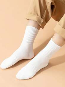 5 Pairs Men's Crew Socks, Suitable For Daily Wear, Fall - White - View 4