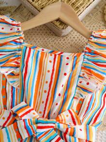 Young Girl Casual Striped Print Ruffle Hem Sleeveless Jumpsuit, Beach Vacation Gift For Summer - Multicolor - View 3