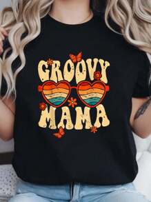 Retro Groovy Mama 70s Aesthetic 1970's Mother's Day T-Shirt- Printed Crew Neck T-Shirt , Casual Short Sleeve Tee, Breathable Soft 100% Cotton