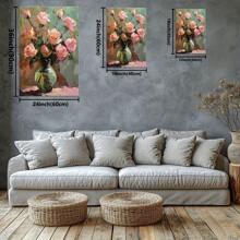 Peinture à l'huile de roses roses dans un vase vert. Grande peinture murale encadrée en bois, décoration d'intérieur, peinture à l'huile - Chambre, salle de bain, salon, bureau, cuisine, cadeaux de Noël - 1 pièce