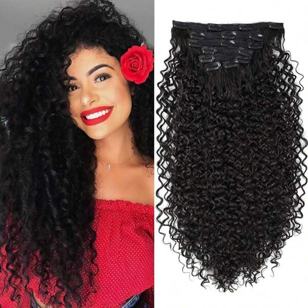 Clip In Hair Extensions - 140G Synthetic Hair Dark Brown Clip In Hair Extensions Jerry Curly Hair Extensions For Extensions Hairpieces (1B# 24 Inch)(Pack Of 7)