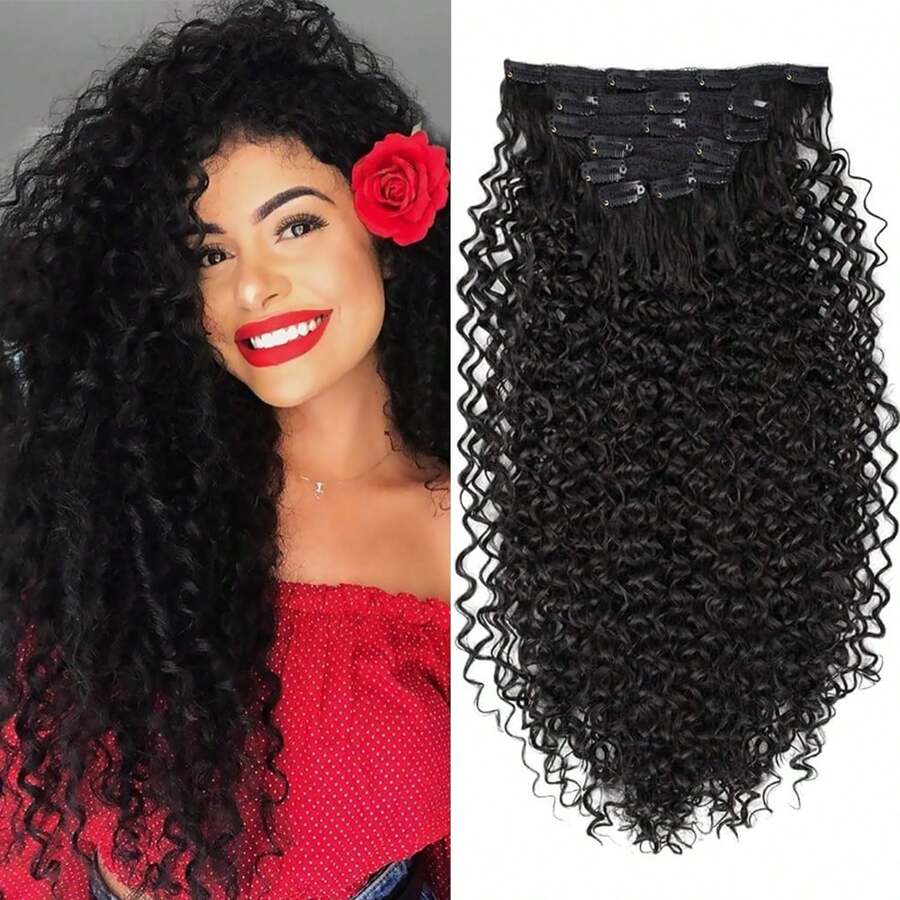 Extensiones de cabello con clip - 140G de cabello sintético marrón oscuro Extensiones de cabello con clip Extensiones de cabello rizado Jerry para extensiones Postizos (1B# 24 Pulgadas)(Paquete de 7) - Negro - Ver 1