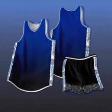 2pcs Personalized Tween Boys Training Basketball Jersey- Customized Team Name,Number And Photo Print Gradient Tank Top+Shorts Sports Set & Casual Wear Spring/Summer - Blue - View 2