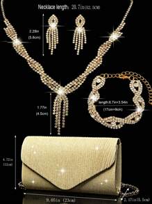 Ensemble de bijoux en strass pour femmes, ensemble de bijoux étincelant comprenant un collier, des boucles d'oreilles, un bracelet en or scintillant. Sac enveloppe pliant en V scintillant, portefeuille scintillant, sac à main élégant pour banquet, sac à main pour bal de promo pour femmes, sac à bandoulière en métal pour mariage et soirée, nouveau sac de soirée pour banquet