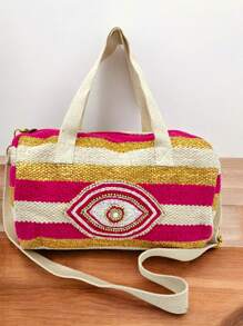Bolsa feminina estilo Boston retrô, estilo Boho. Bolsa feminina listrada com blocos de cores vintage da moda, com strass personalizado, estampa retrô, bolsa feminina listrada com blocos de cores vintage e lantejoulas, nova bolsa de ombro casual para viagem 2025, bolsa transversal com borlas da moda para mulheres