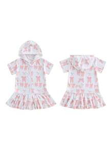 Kids Girls Bow Print Hooded Zip - Up Towel Robe - Swim Coverup For Beach Holidays - White - View 4