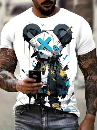 男士街头风卡通图案T恤 - 100%涤纶圆领T恤，略带弹性，常规版型短袖，数码印花设计，透气夏季休闲服，适合青少年穿着