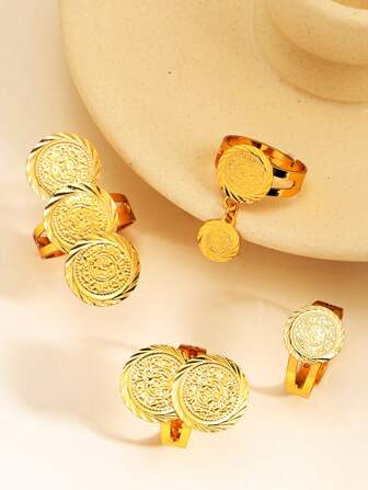 1 件硬币戒指可调节尺寸铜镀金阿拉伯穆斯林钱币戒指男女珠宝