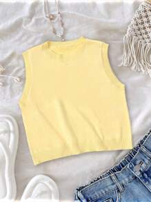 Women's Spring And Summer Vacation Round Neck Goose Yellow Sleeveless Casual Versatile Knitted Top,Work/Office 
