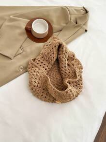 Vintage Style Crochet Woven Tote Bag, Fashion Shoulder Underarm Large Bag For Travel Holiday Casual