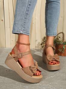 صندل نسائي أنيق بكعب سميك وحزام، بوصة عقدة الفراشة منصة 7 سم، صنادل نسائية