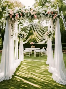 1 件白色网状婚礼拱门装饰窗帘，波浪薄纱窗帘白色悬挂背景装饰挂布适用于浪漫婚礼仪式拱门，经典涤纶装饰，适用于订婚、婚礼活动背景、婚礼场地装饰 - 白色 - 查看 4