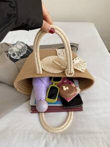 Two Tone Straw Bag Medium Double Handle Vacation,School Bag,Large Capacity,Portable,For Teen Girls Women College Students,White-Collar Workers,Perfect For Work, Back To School,Middle School,High School,College,Vacation, Vacation Bag For Summer, Beach Purse, Perfect For Summer, Vacation & Daily Use