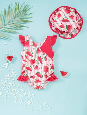 Costume da bagno intero neonato con stampa di anguria, pezzi di colore unito e rifiniture arricciate, costumi da bagno ad asciugatura rapida con cappello, costume da bagno per bimbe in spiaggia e vacanza estiva