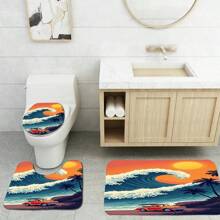 1 conjunto, patrón de ola, paisaje de puesta de sol, coche, tabla de surf, juego de 3 piezas de alfombra de baño de elementos diarios, alfombra de baño absorbente y lavable, alfombra de baño antideslizante, tapa de inodoro, alfombra de baño gruesa y suave, ducha, cocina, lavandería, baño, sala de estar, dormitorio, alfombra de interior, accesorio de decoración del hogar