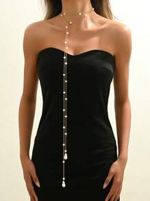 1pc Bohemian Elegant Baroque Faux Pearl Pendant Gold Chain Long Necklace