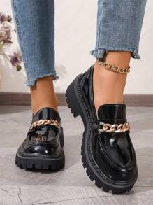 Women's 2024 Spring Autumn New Casual Loafers, British Style Thick-Soled Chain Decor Flat Shoes PU Loafers Non-Slip Wear-Resistant Fashionable Mary Jane Shoes - Black Chain - View 4