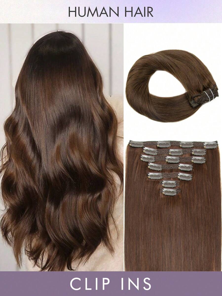 7pcs Clip-In Hair Extensions, Real Human Hair, #4 Chocolate Brown, 14-22 Inch Straight, Remy Human Hair Clip-In Extensions, Seamless Clip-In Hair Extensions - S4 - View 1