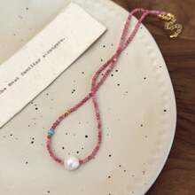1pc Boutique French Romantic Elegant Collarbone Necklace With Red Stones And Pearl Beaded Chain, Versatile Choker For Spring & Summer