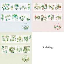 3Rolls/Bag Tape Combination, Hanging Plant Series, Delicate Green Plant Potted Landscape PET Tape, Scrapbook Supplies, Decorative Notebook Photo Frame Mobile Phone Case Water Cup Garbage Magazine Stationery Box DIY Personalized Stickers