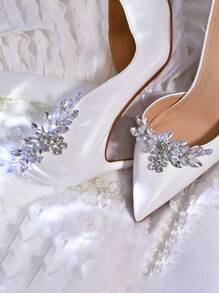 1 pieza Clip para zapato de novia con diamantes de imitación y perlas desmontable para tacón alto, accesorio para zapato de boda DIY - Plateado - Ver 5