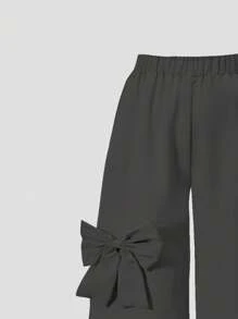 Lurzo Tween Girls' Casual Minimalist Bow Decor Wide Leg Pants, Suitable For Outdoor, Party, School And Daily Wear In Spring And Autumn - Dark Grey - View 5