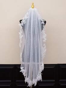 1pc Long Lace Edge Bridal Veil With Faux Pearl Decor, Wedding Hair Accessory - Multicolor - View 9
