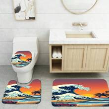 1 conjunto, patrón de ola, paisaje de puesta de sol, coche, tabla de surf, juego de 3 piezas de alfombra de baño de elementos diarios, alfombra de baño absorbente y lavable, alfombra de baño antideslizante, tapa de inodoro, alfombra de baño gruesa y suave, ducha, cocina, lavandería, baño, sala de estar, dormitorio, alfombra de interior, accesorio de decoración del hogar