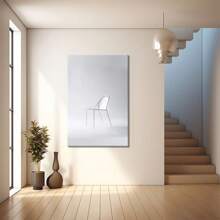 Chaise minimaliste avec assise et dossier blancs. Pieds en métal fin. Grande peinture murale encadrée en bois, décoration d'intérieur, peinture à l'huile - Chambre, salle de bain, salon, bureau, cuisine, cadeaux de Noël - 1 pièce