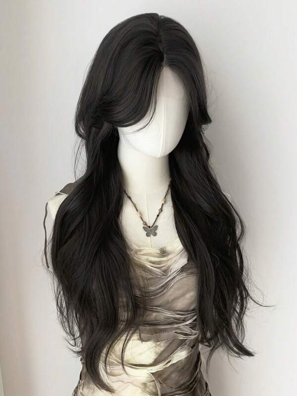 Cosplay Anterior Forehead Lace Long Wavy Wigs Hair, Center Split Wig,Anterior Forehead-Shaped Lace 4*1 Brown Black 26 Inch Semi Woven Daily Natural, Smooth And Realistic Wig