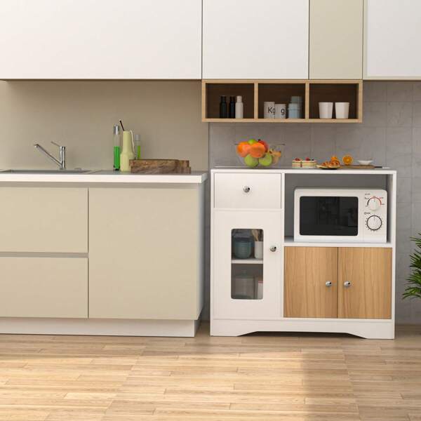 Mobile da pranzo Buffet Buffet, Mobile da cucina con sportello per forno a microonde e 1 cassetto, Mobile da cucina con 3 ante, 83x40x80cm, Adatto per soggiorno, cucina, sala da pranzo