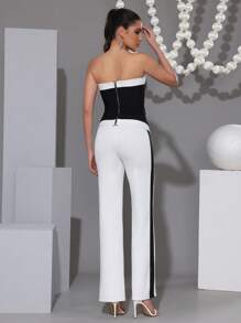 Modphy 2pcs Women 2 Pieces Set: Elegant Color Block Strapless High Waist Top & Straight Leg Pants, Bodycon Outfit - Black and White - View 6