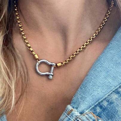 1 件不锈钢链项链，厚双色扣吊坠项链，女士珠宝（仅 1 条链子，其他链子用于拍摄目的）