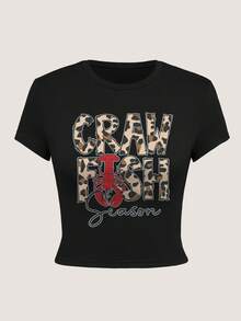 修身女士圆领 Y2K 短袖 T 恤，豹纹小龙虾季节性字母休闲 T 恤，带有海鲜图案和豹纹口号，适合少女和年轻女性，非常适合日常外出、聚会和派对穿着 - 黑色 - 查看 3