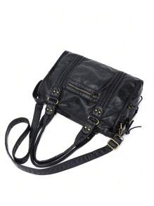 全新设计女士手提包水洗皮革托特包大容量钱包复古女士单肩包 - 黑色 - 查看 6